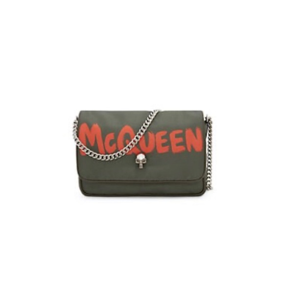 ALEXANDER MCQUEEN LOGO NYLON SKULL CROSSBODY BAG W/SILVER CHAIN, KHAKI GREEN - Picture 2 of 15